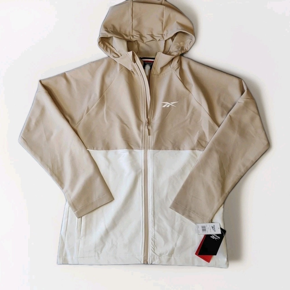 Reebok Mens Windbreaker Jacket Hooded Creme/Beige Full Zip Pockets Size M